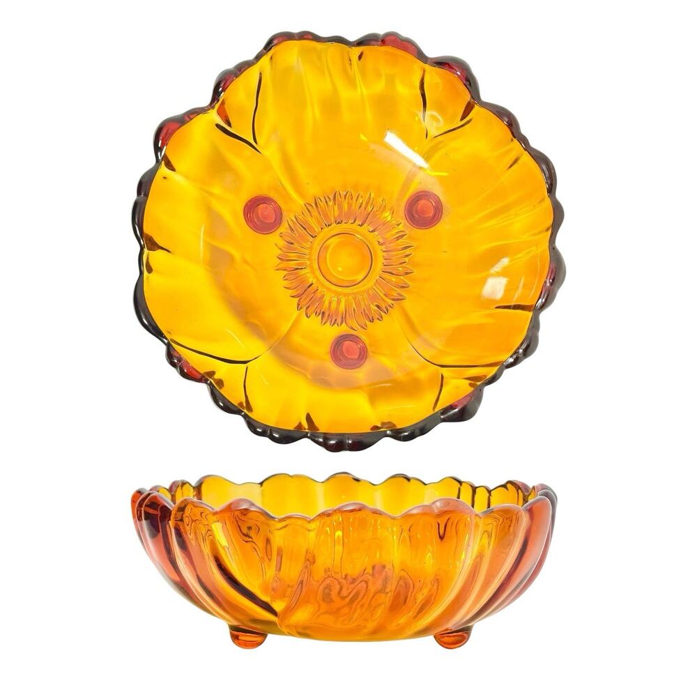 1970s Vintage Large Organic Flower Glass Footed Decorative Serving Bowl 11 1/4”